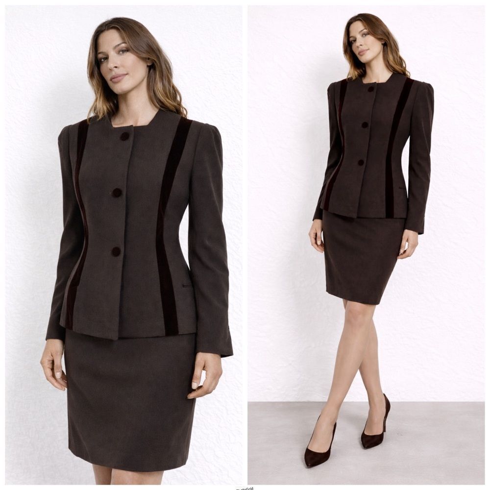 Carolina Herrera Brown Pencil Skirt and Velvet trim Blazer Suit Set